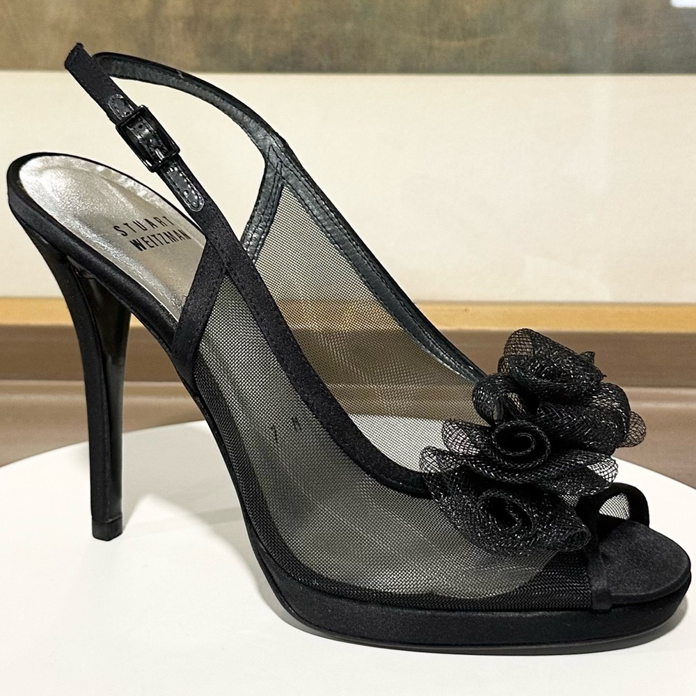 🌹STUART WEITZMAN🌹Black Floral Mesh Slingback Peep Toe Heel Size: 7M